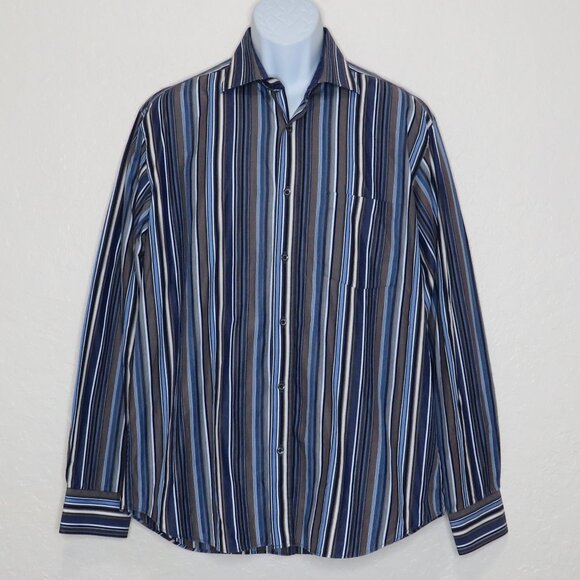 Bugatchi Uomo* Men's Long Sleeve Button Down Curved Hem Stripe Dress Shirt~Large - Picture 1 of 11